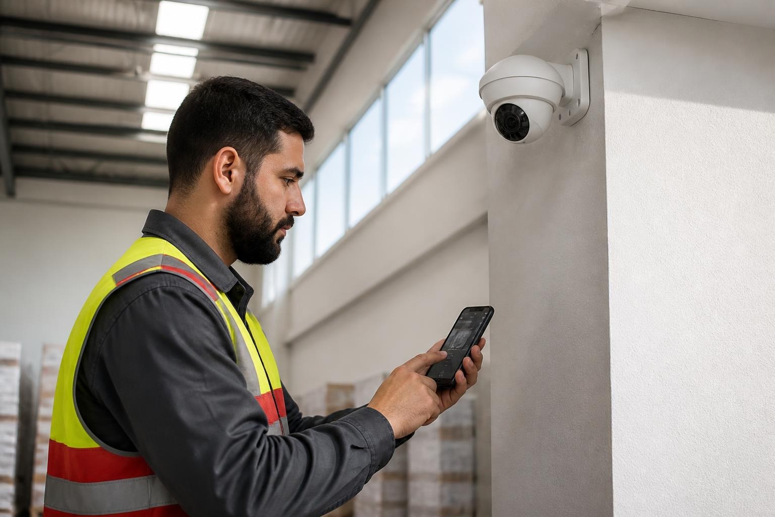 Technicien Avialys configurant une caméra Hikvision en entrepôt