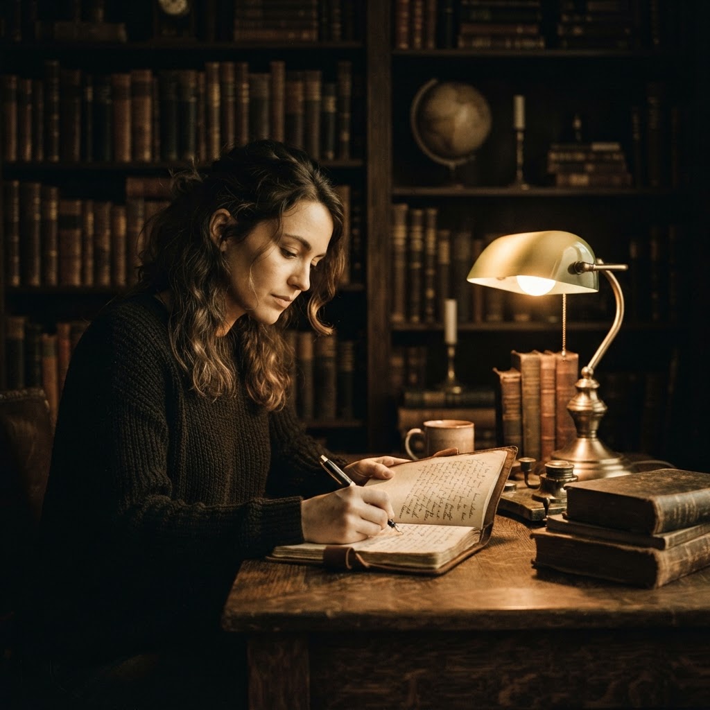 A woman writing thoughtfully in a journal by a brass desk lamp