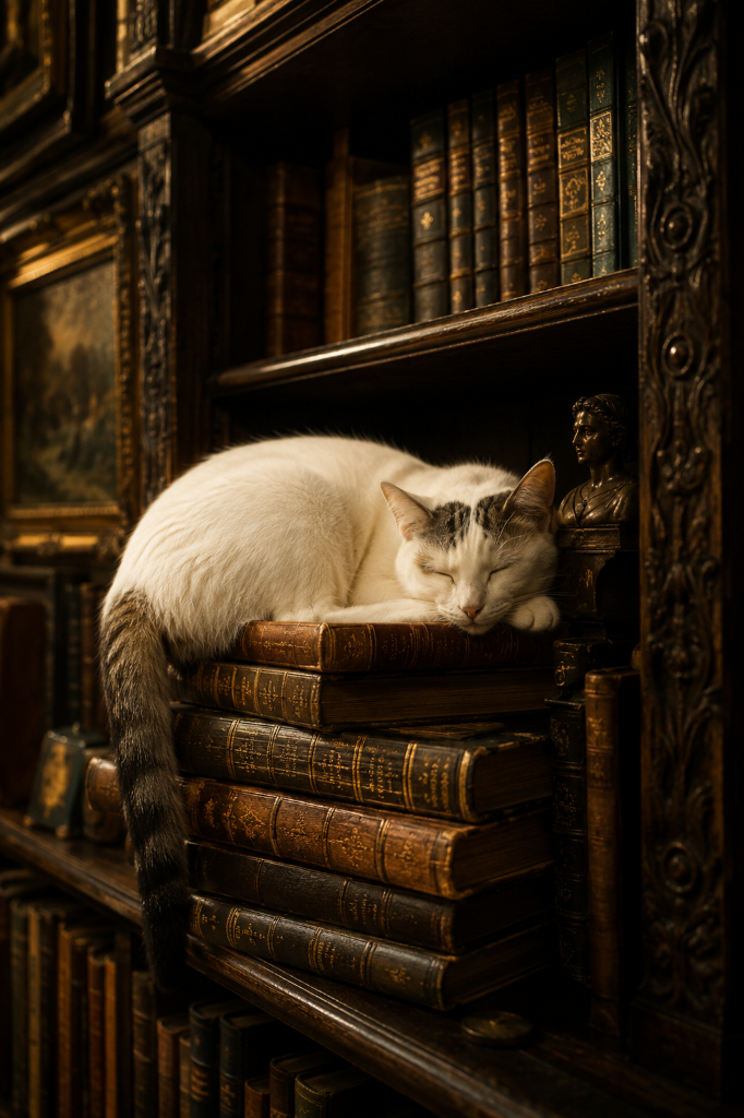 A cat sleeping on a stack of antique books
