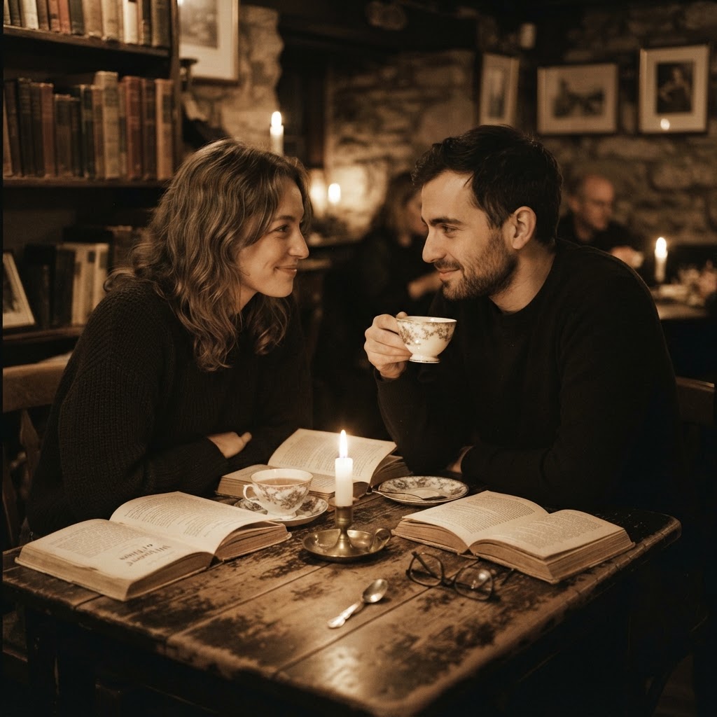 Two people in intimate conversation over open books and teacups