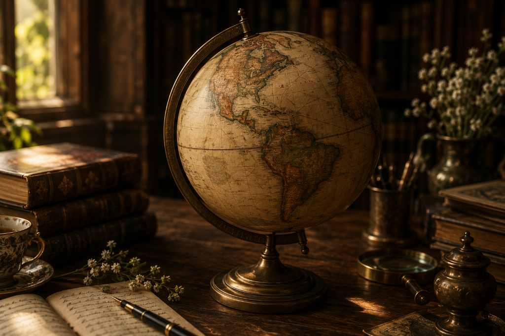 A vintage brass globe in a quiet study