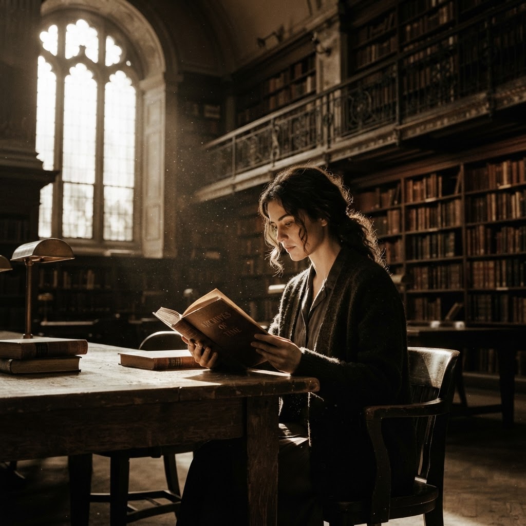 A reader absorbed in an open book in a dim historic library