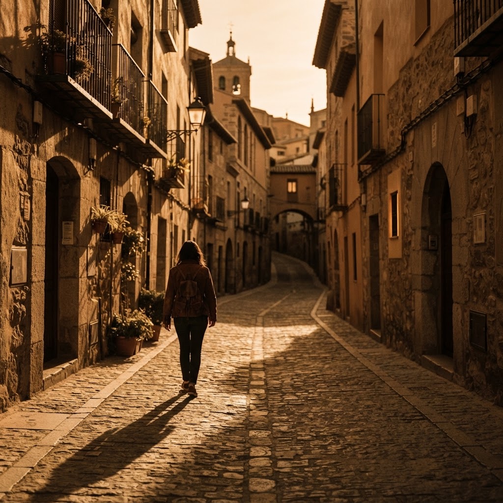 A person walking down a narrow European cobblestone street at golden hour