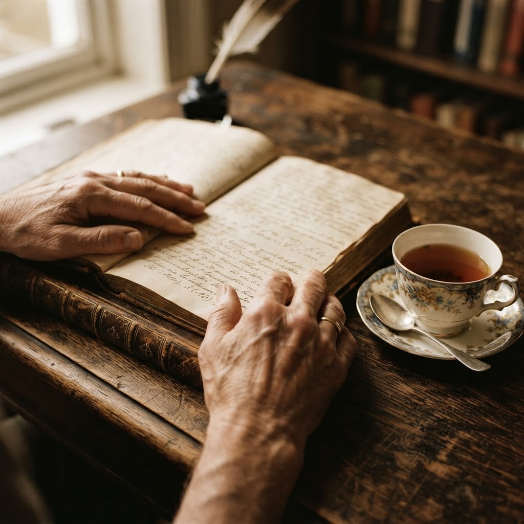 Hands resting on an antique book beside a porcelain teacup