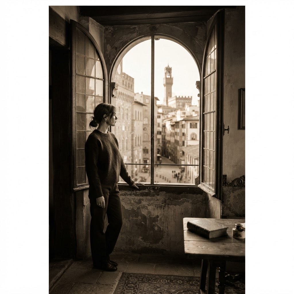 A person gazing out a tall arched window in an old European room