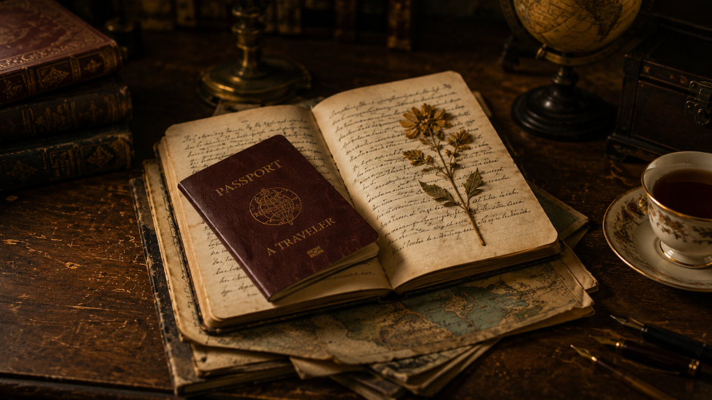 An open journal with a passport and dried flower on a candlelit desk