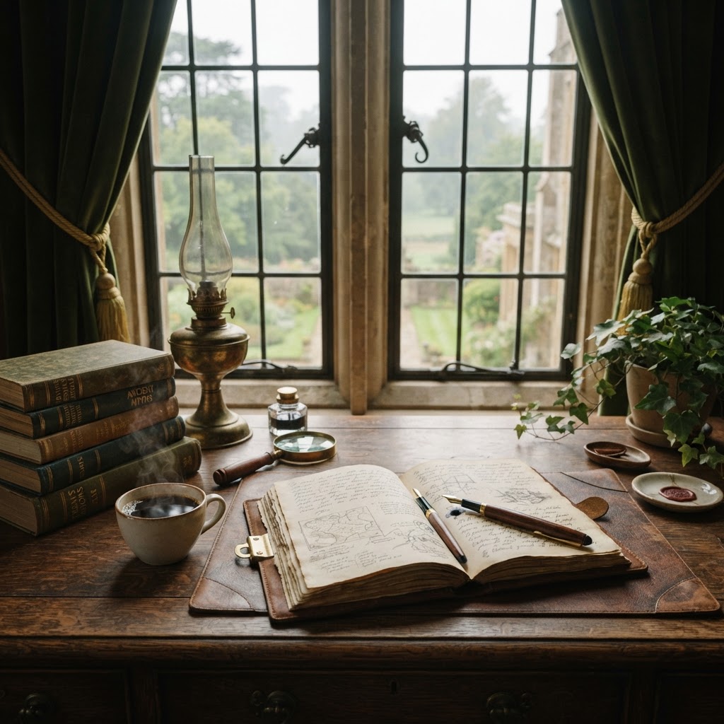A writing desk with a travel journal, books, and a cup of coffee by the window