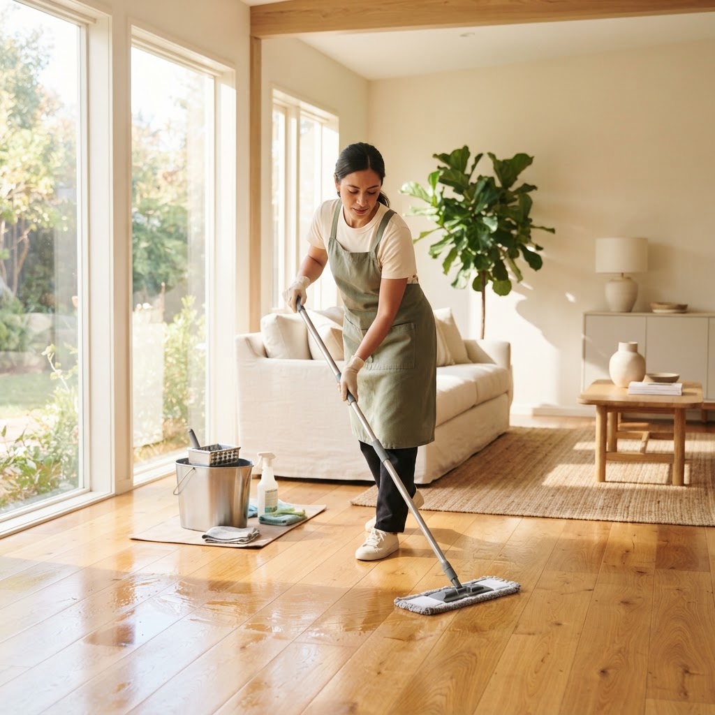 Cleaning professional mopping a floor