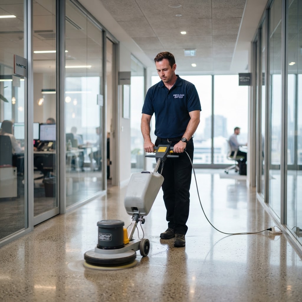 Summit commercial cleaner operating a floor buffer in a modern office hallway
