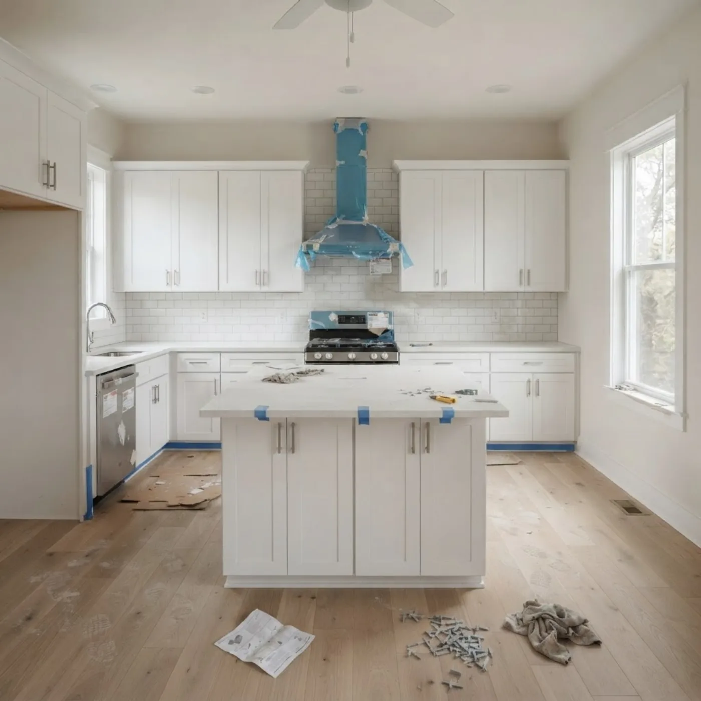 Kitchen in a new build, Ammon — before, dust and debris from the trades