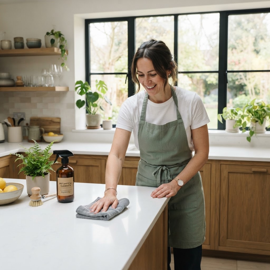 GreenLeaf cleaner wiping a bright kitchen counter with a plant-based spray