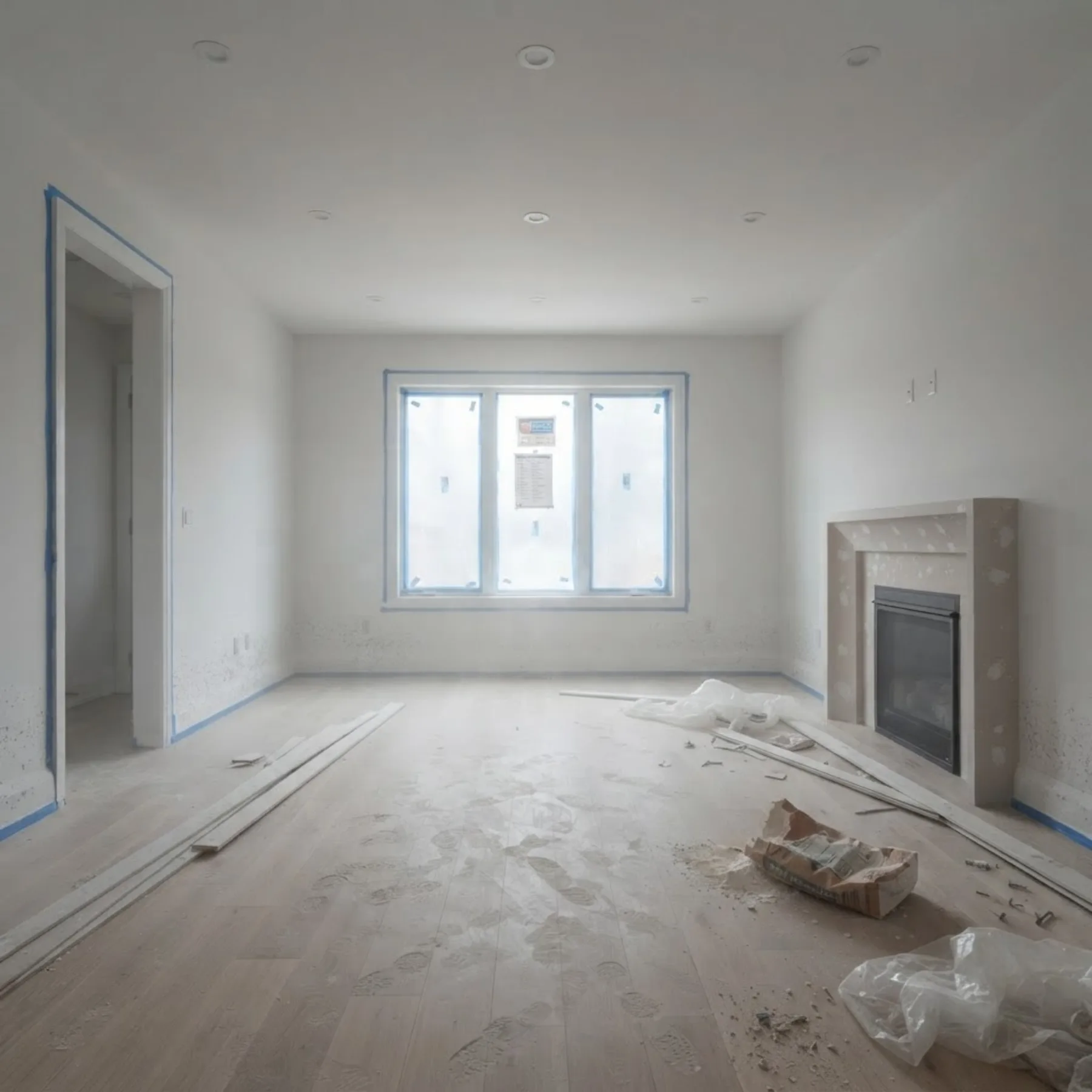 Living room in a new build, Idaho Falls — before, dust and debris from the trades