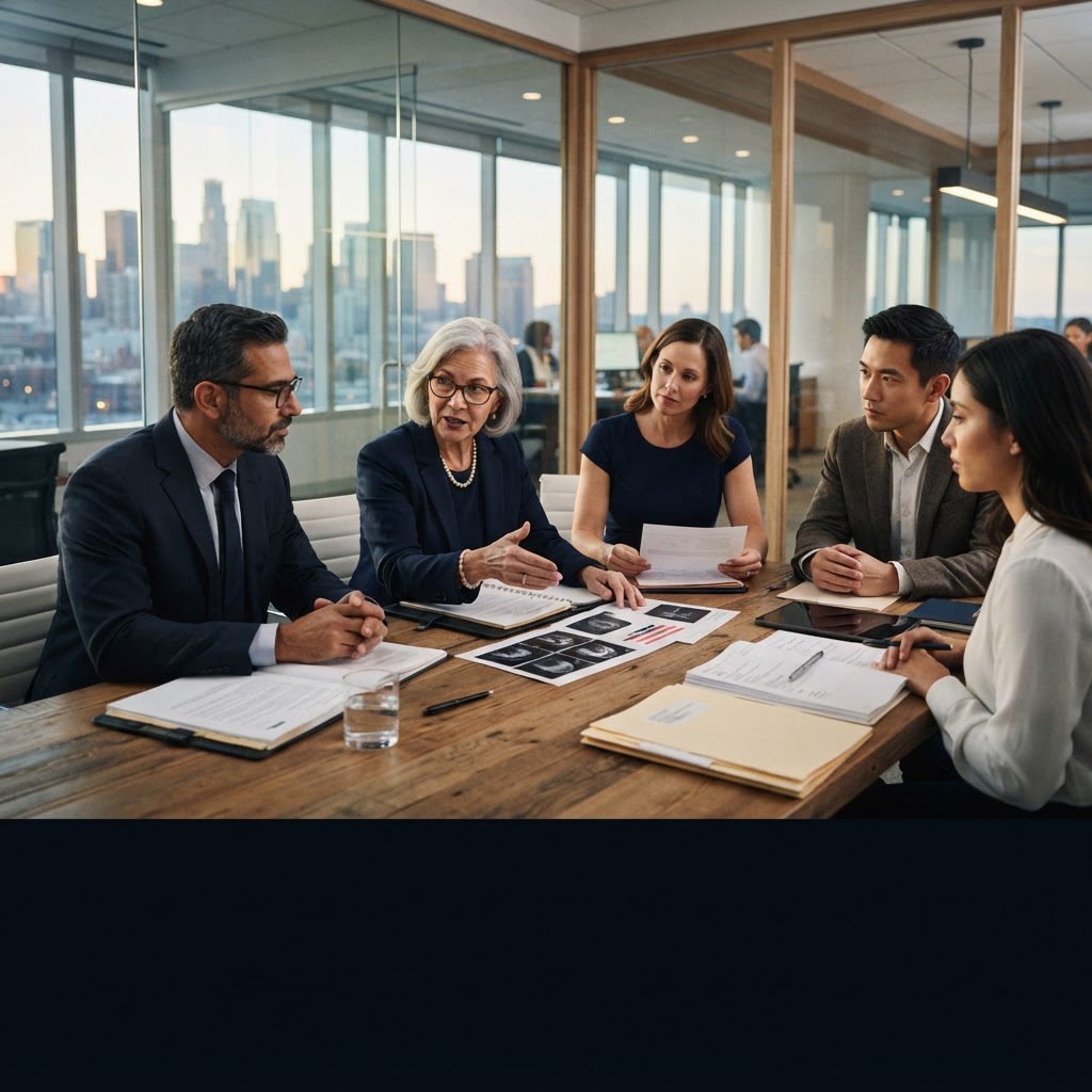 Healthcare executives and radiology leaders collaborating around a conference table with an experienced mentor
