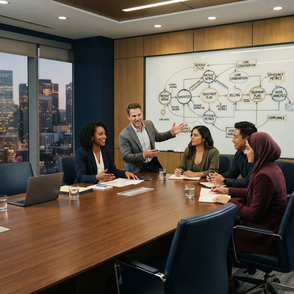 Compliance Huddle team collaborating at a conference table with a workflow whiteboard