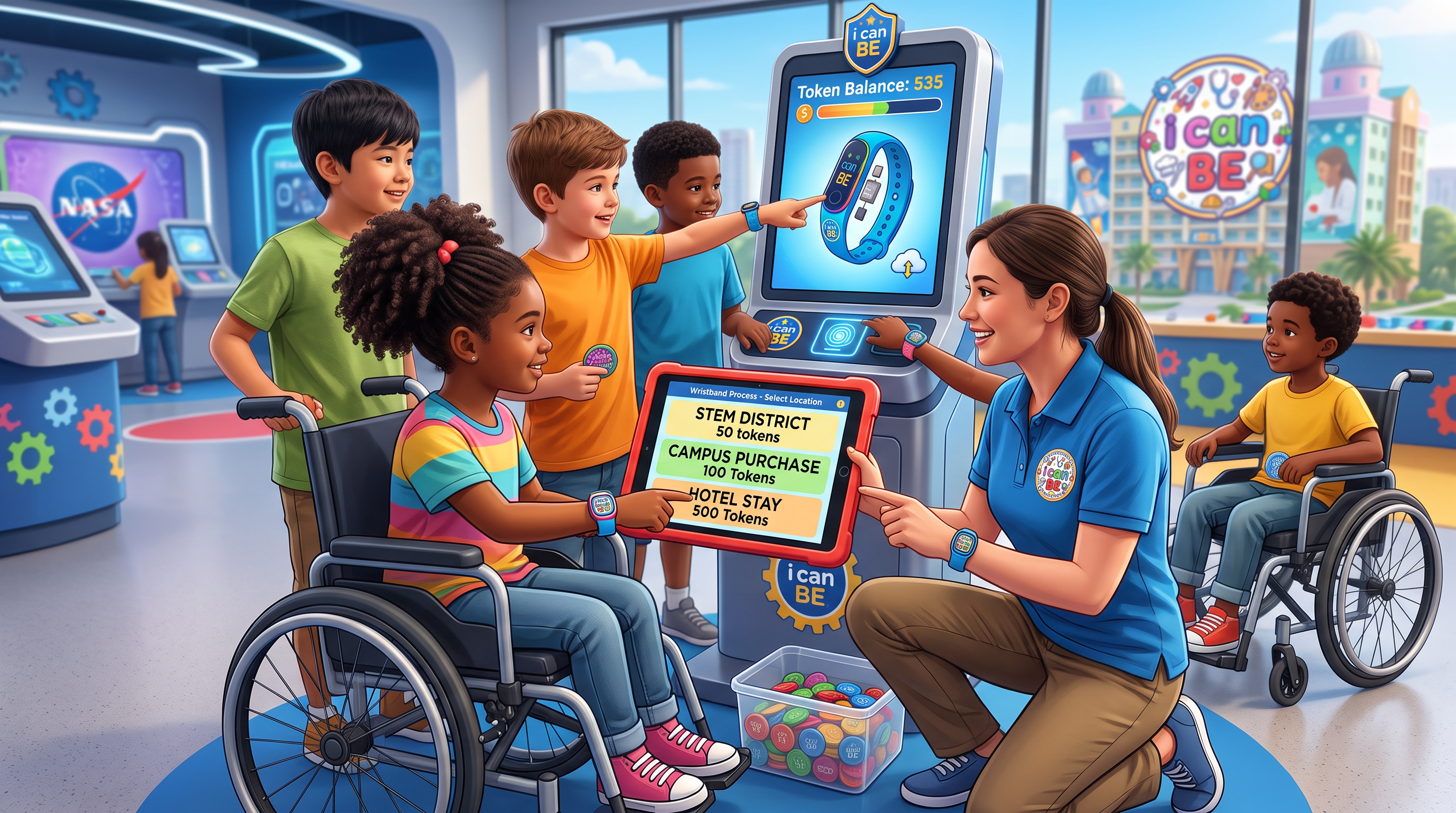 Staff assisting a child in a wheelchair at a wristband process terminal
