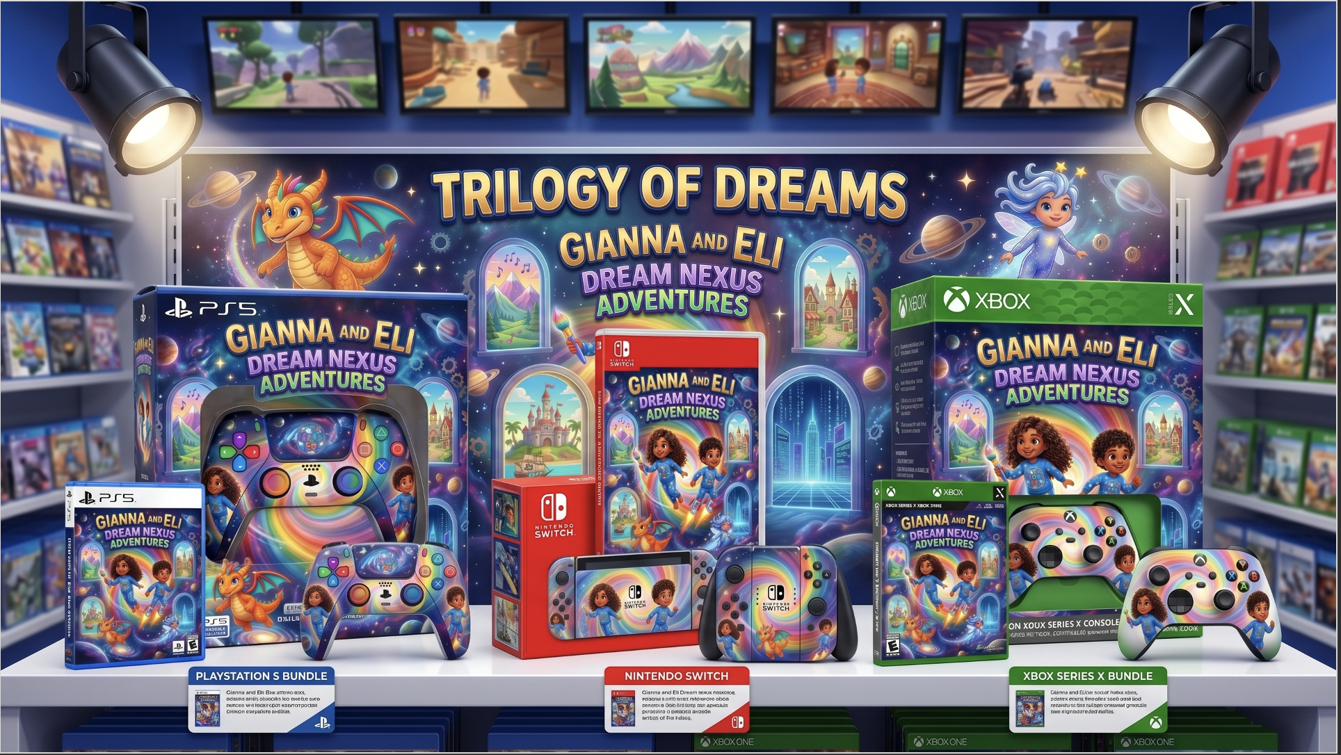 Trilogy of Dreams retail display across PlayStation, Nintendo Switch, and Xbox