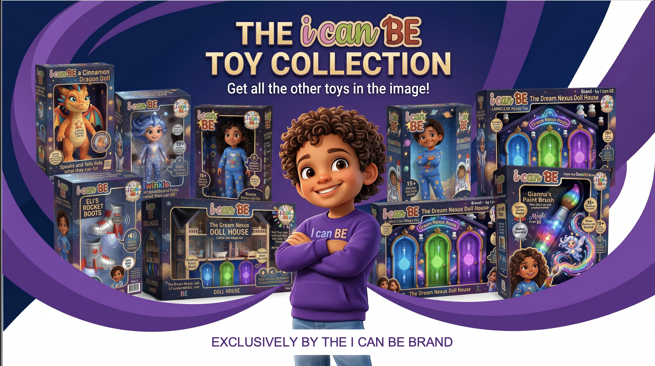 The complete i can BE toy collection on a retail display shelf