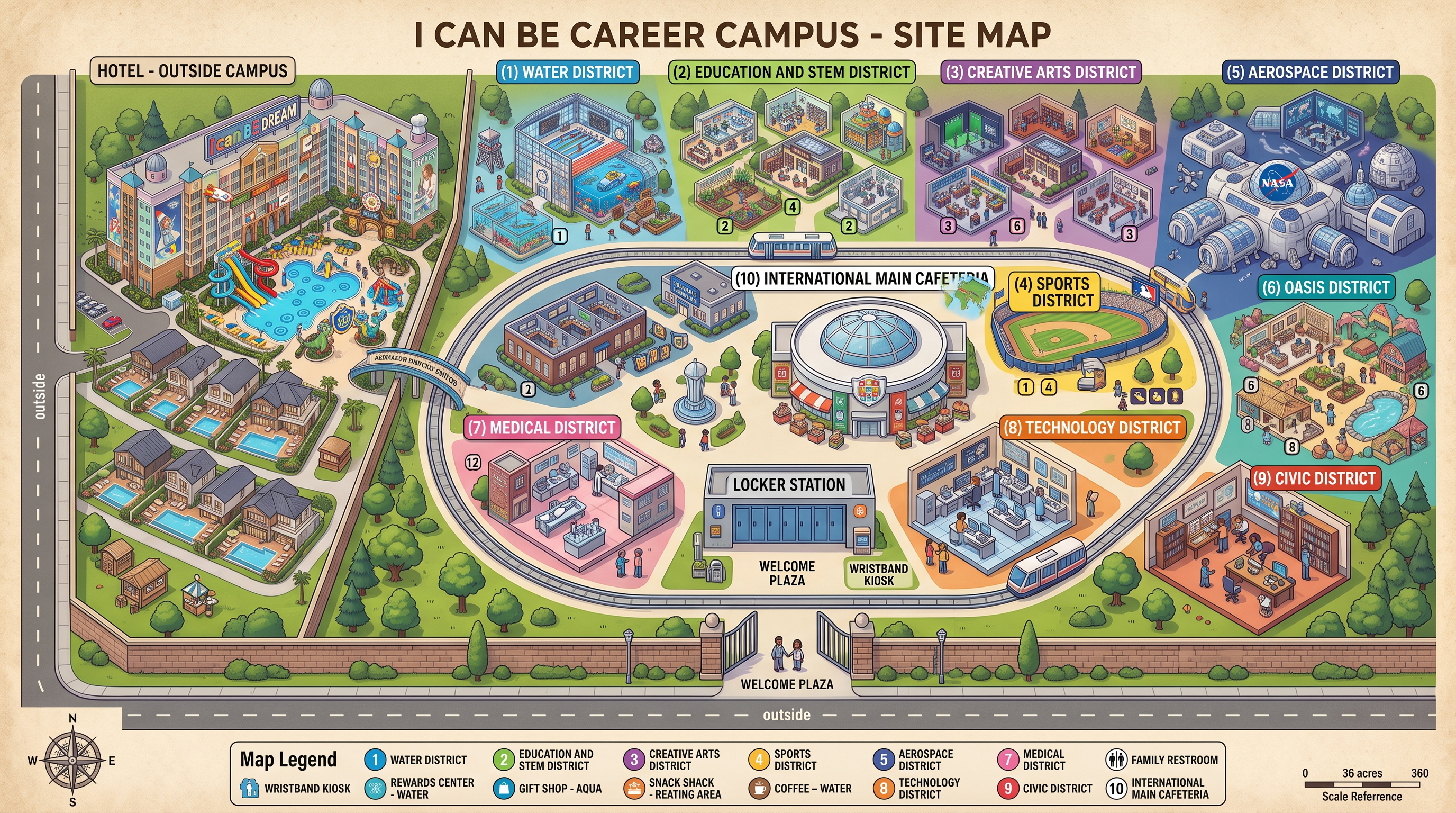i can BE Career Campus site map, Numbered Districts & Legend