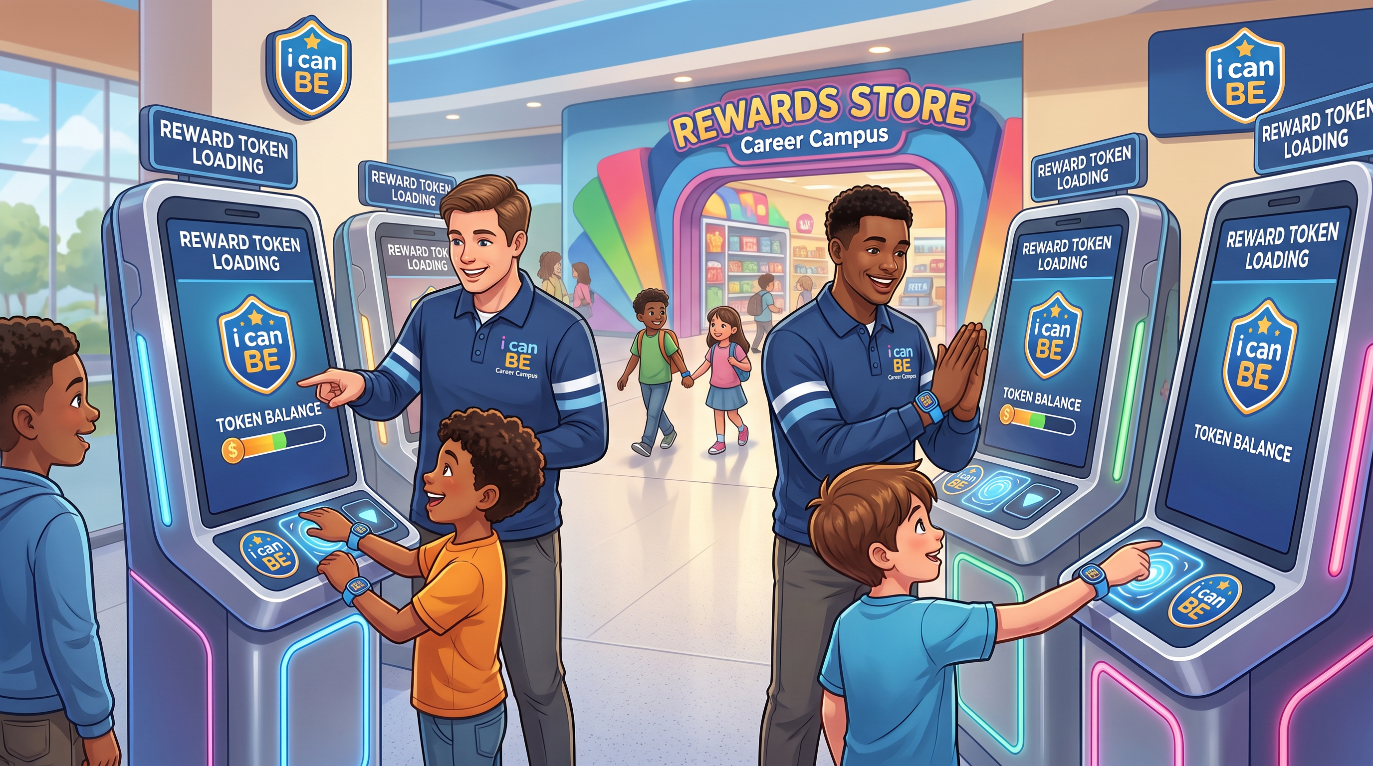 i can BE Rewards Store with token-loading kiosks and wristband tap stations