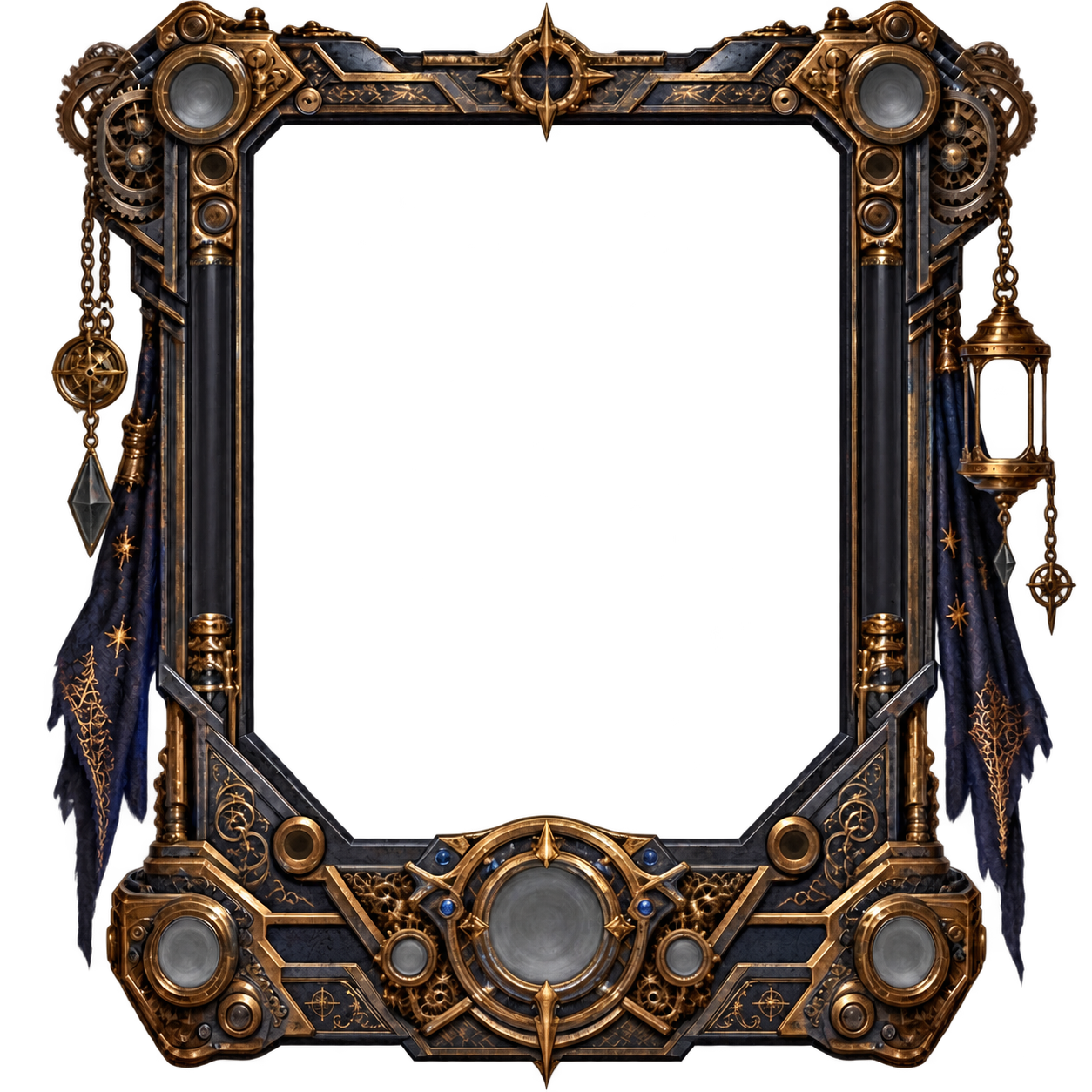 The Arcane Astrolabe — a dormant steampunk frame of dark metal, aged brass and gears