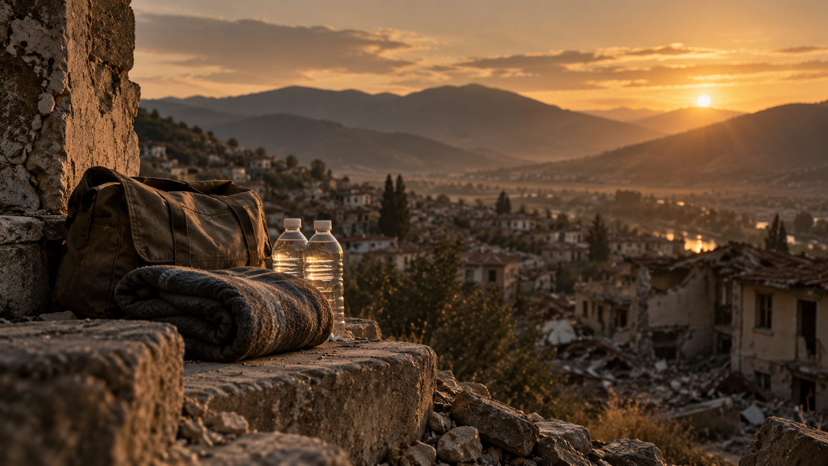 Relief supplies overlooking a damaged town at golden hour