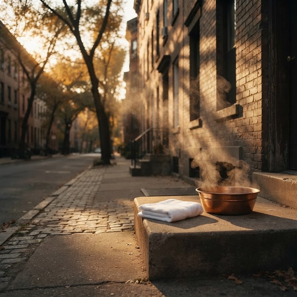 A quiet city street at golden hour with steam rising and a folded towel resting on a weathered stoop