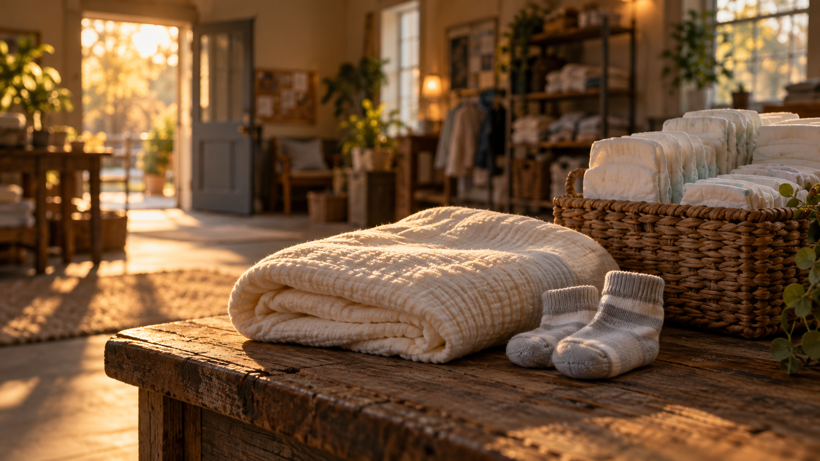 Baby blanket, socks and donated diapers in warm golden-hour light