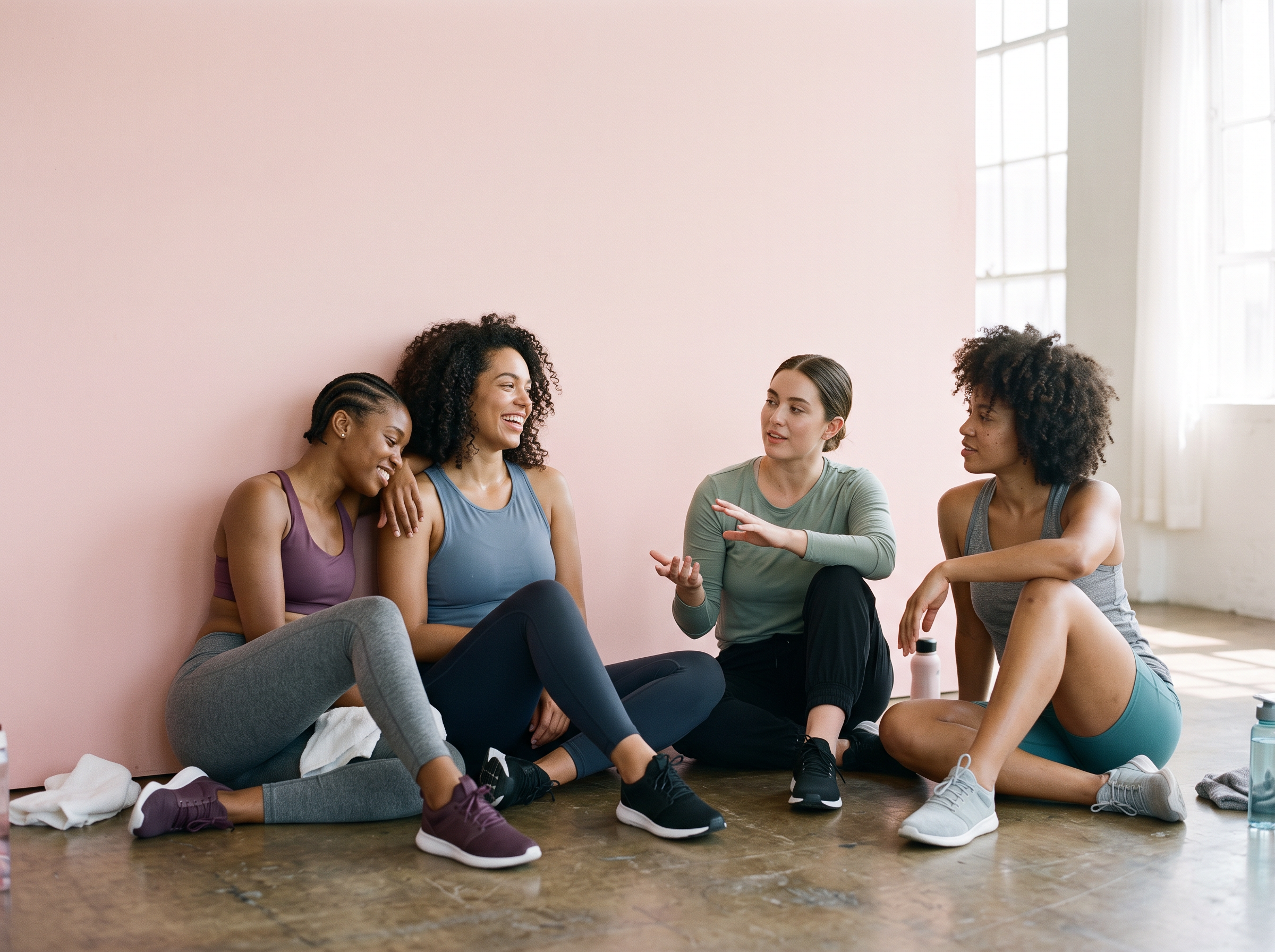 Women resting together between sets in activewear