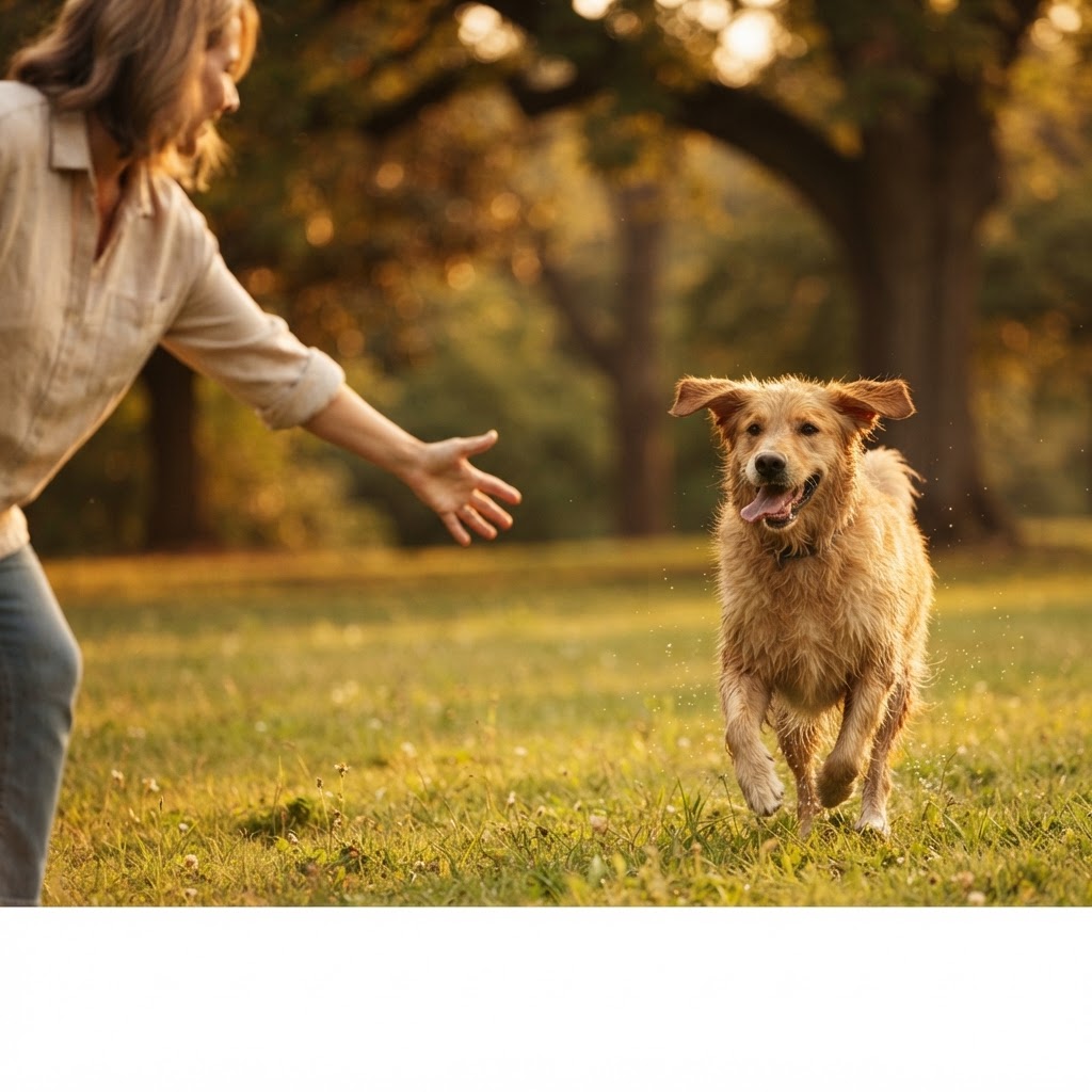 A happy dog playing at golden hour