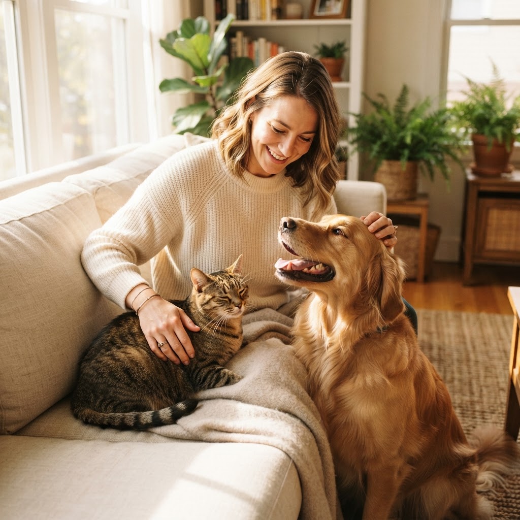 Dog and cat being cared for by their loving owner