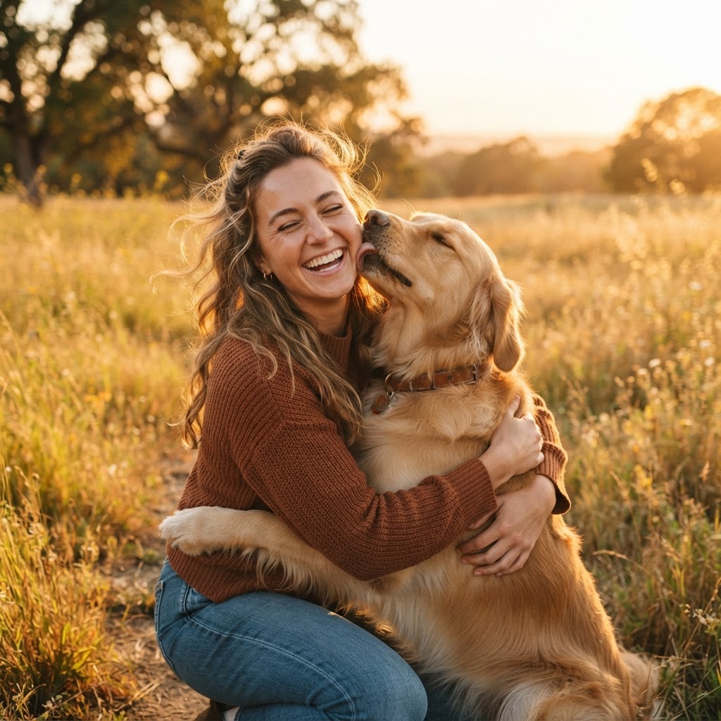 Woman hugging her golden retriever in warm sunlight