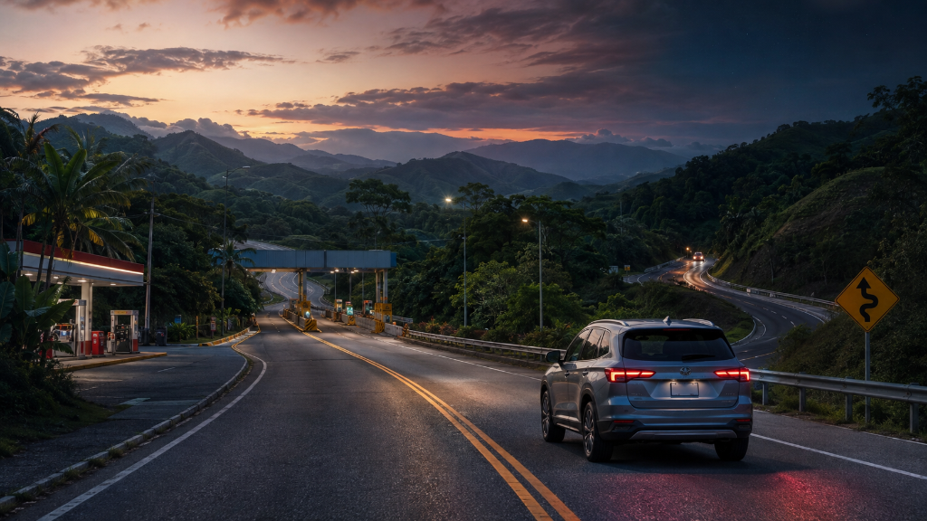 Natural Car Rental SUV driving on a scenic road in Costa Rica