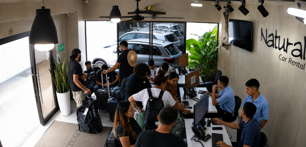 Panoramic view of customers and team members at the Natural Car Rental office.
