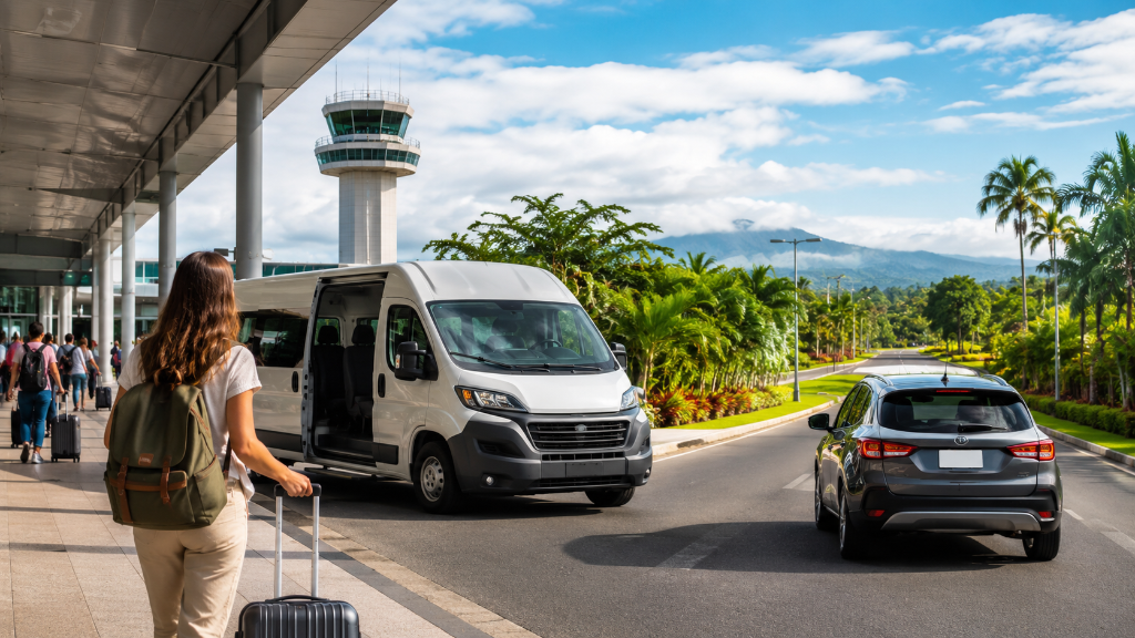 Illustration of airport arrival and rental car transport in Costa Rica