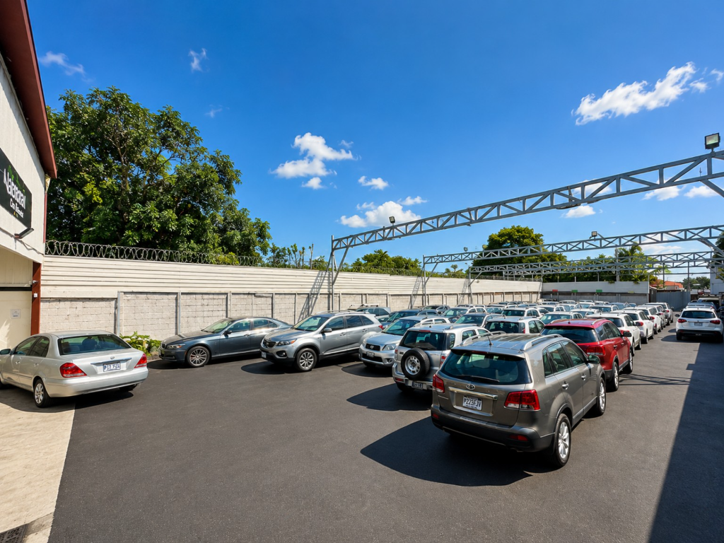 Natural Car Rental fleet vehicles parked in Alajuela.