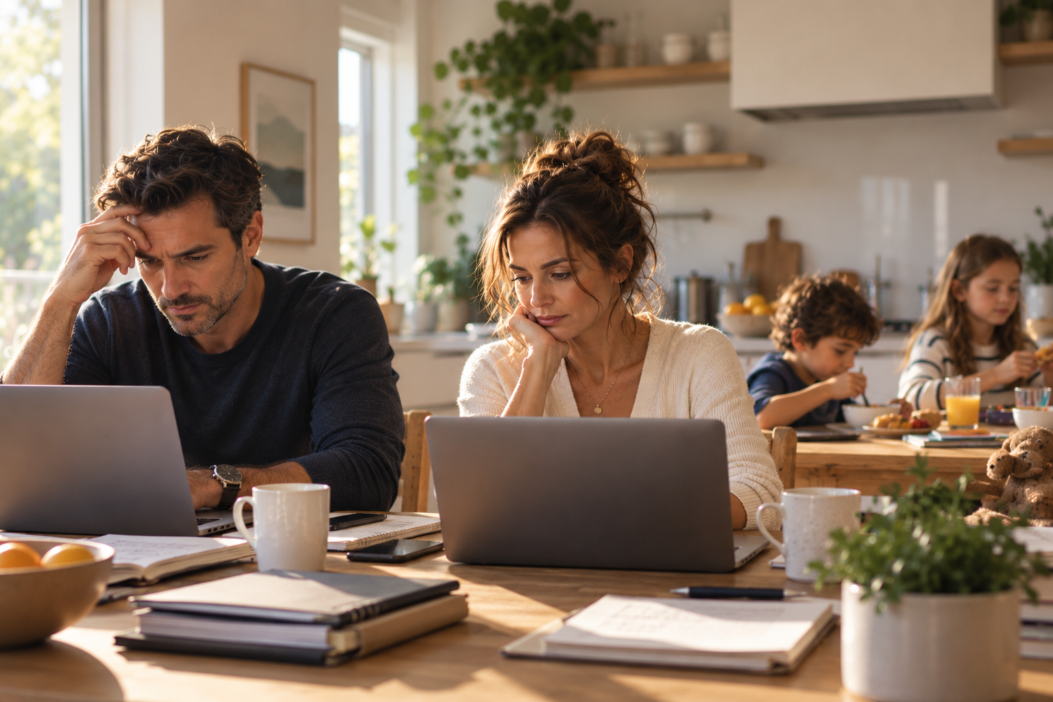 A husband and wife working on laptops at their kitchen table while their two children eat nearby, capturing the daily tension of balancing work and family