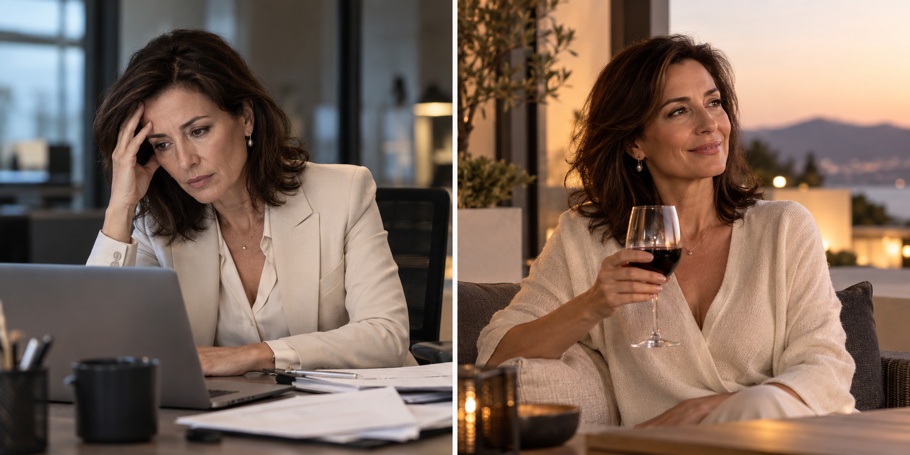 A woman at her desk at the end of a demanding workday, and the same woman relaxed outdoors at sunset holding a glass of wine