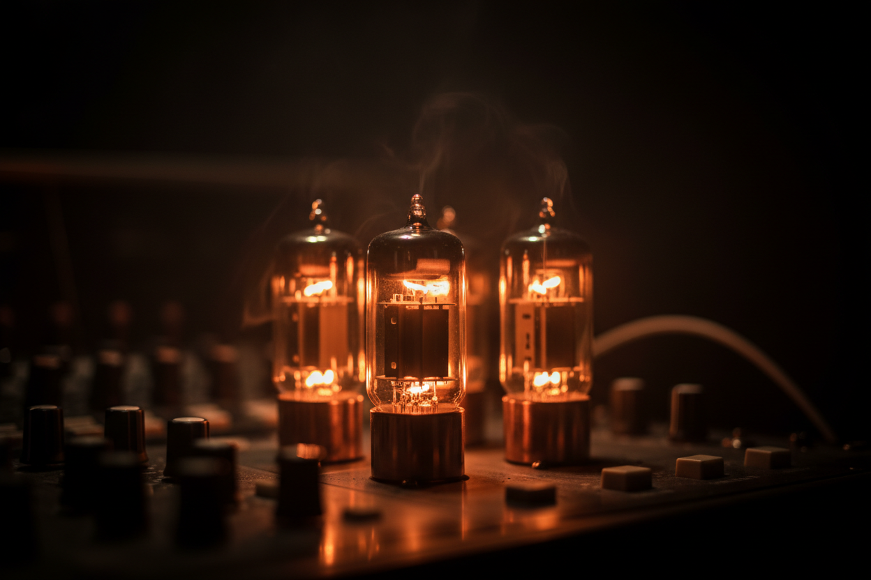 Glowing vacuum tubes in a recording studio