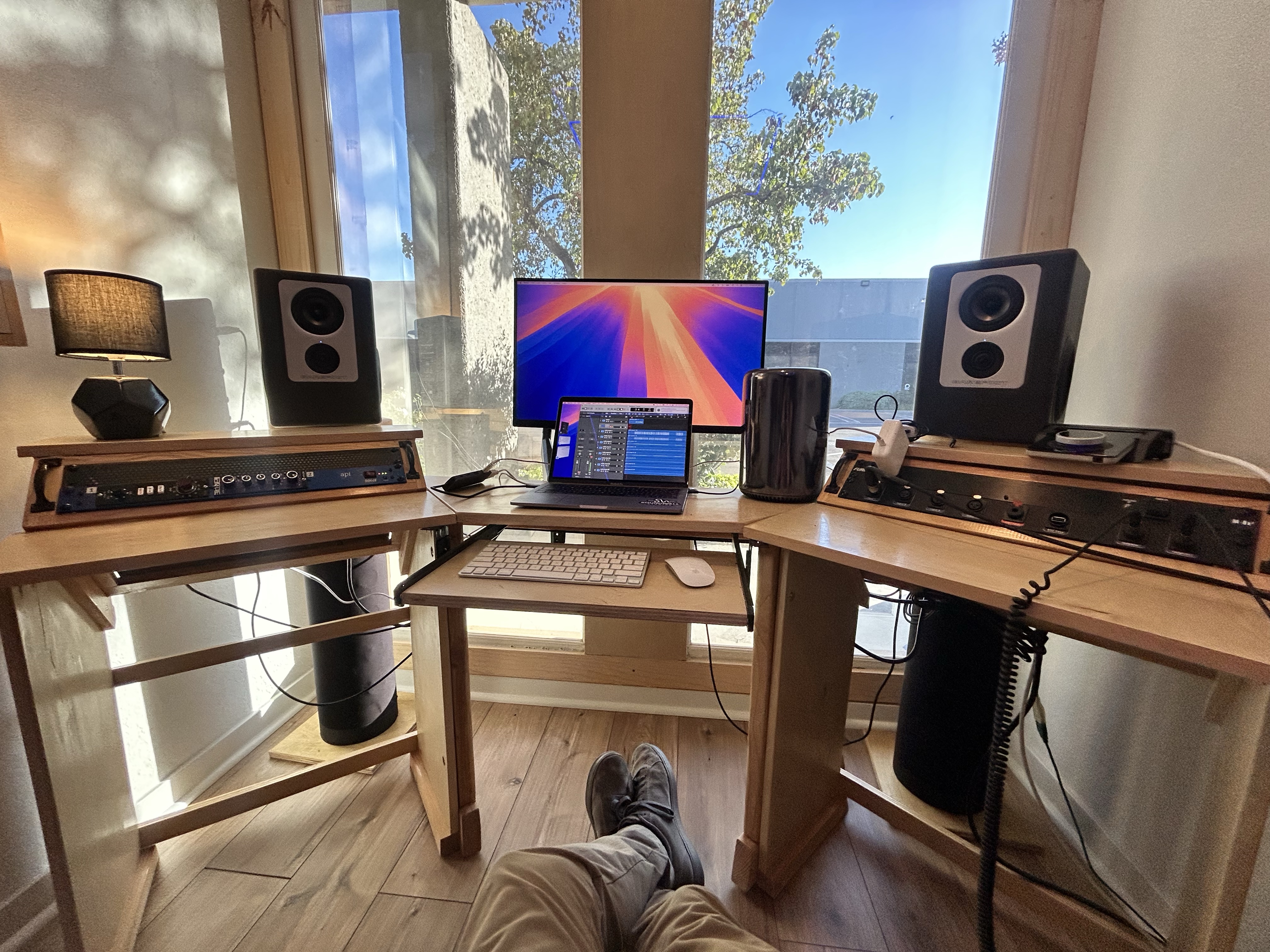 Daylit Westlake Village production desk and nearfield monitors