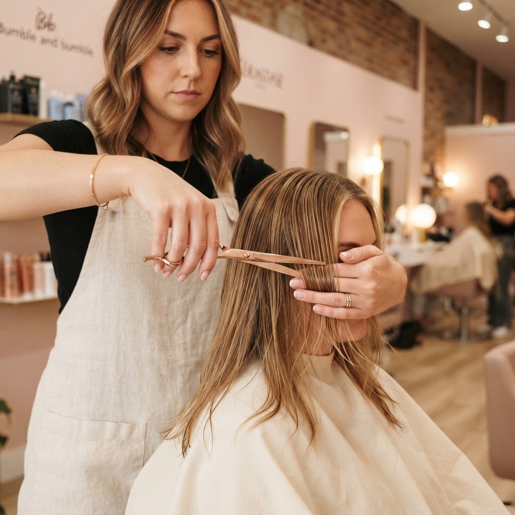 Sydney, founder and master hairstylist of Seven Four Seven Salon, smiling in front of a warm interior