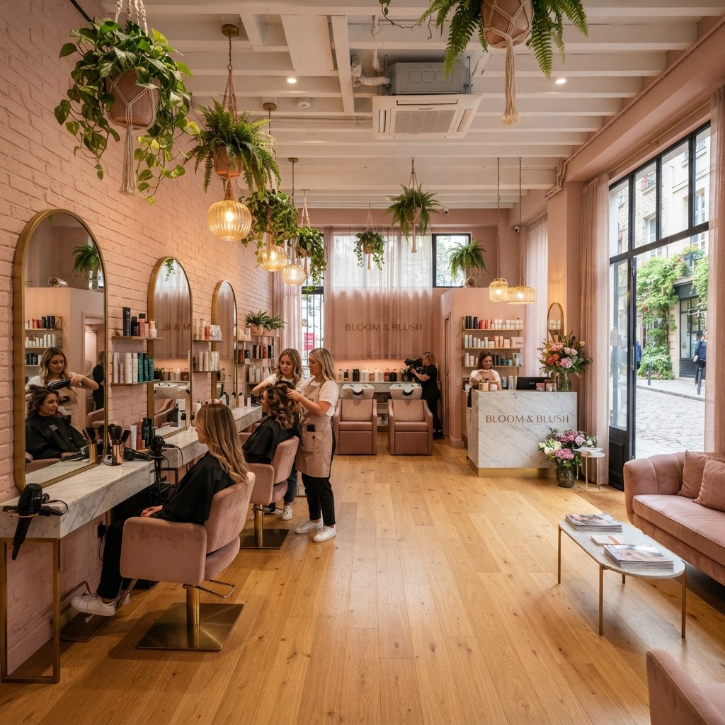 Glamorous model with glowing, healthy styled hair in a modern boutique salon setting