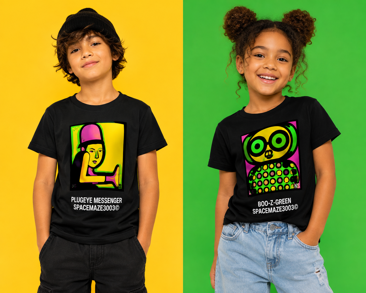 Spacemaze3003 kids clothing — Plugeye Messenger and Boo-Z-Green tees
