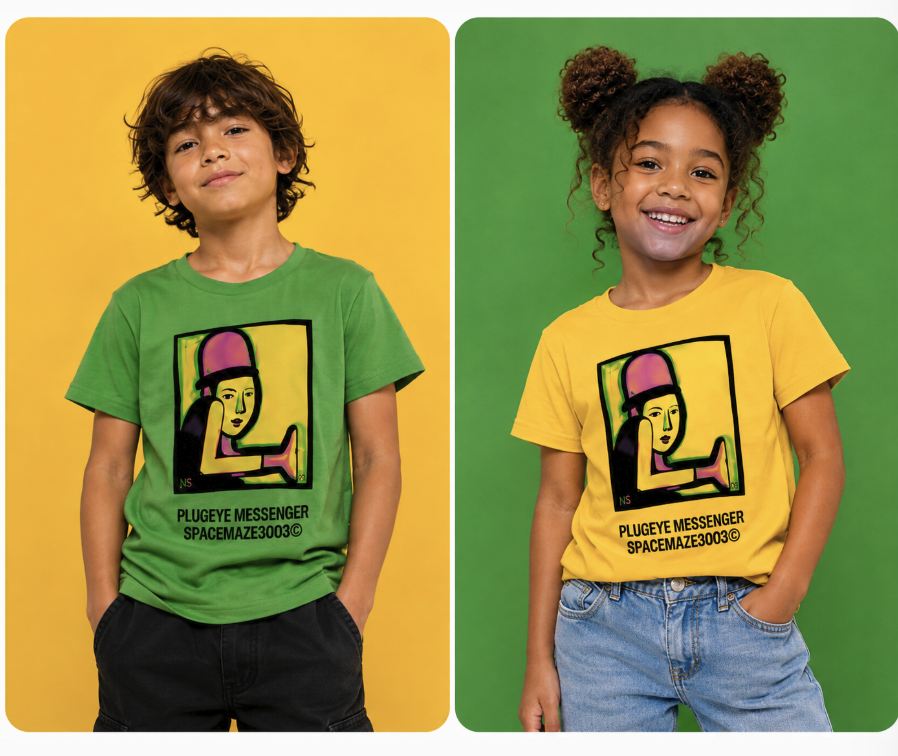 Spacemaze3003 kids — Plugeye Messenger tees on yellow and green