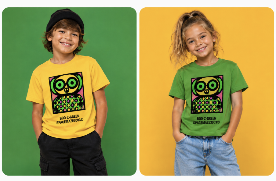 Spacemaze3003 kids — Boo-Z-Green tees on green and yellow