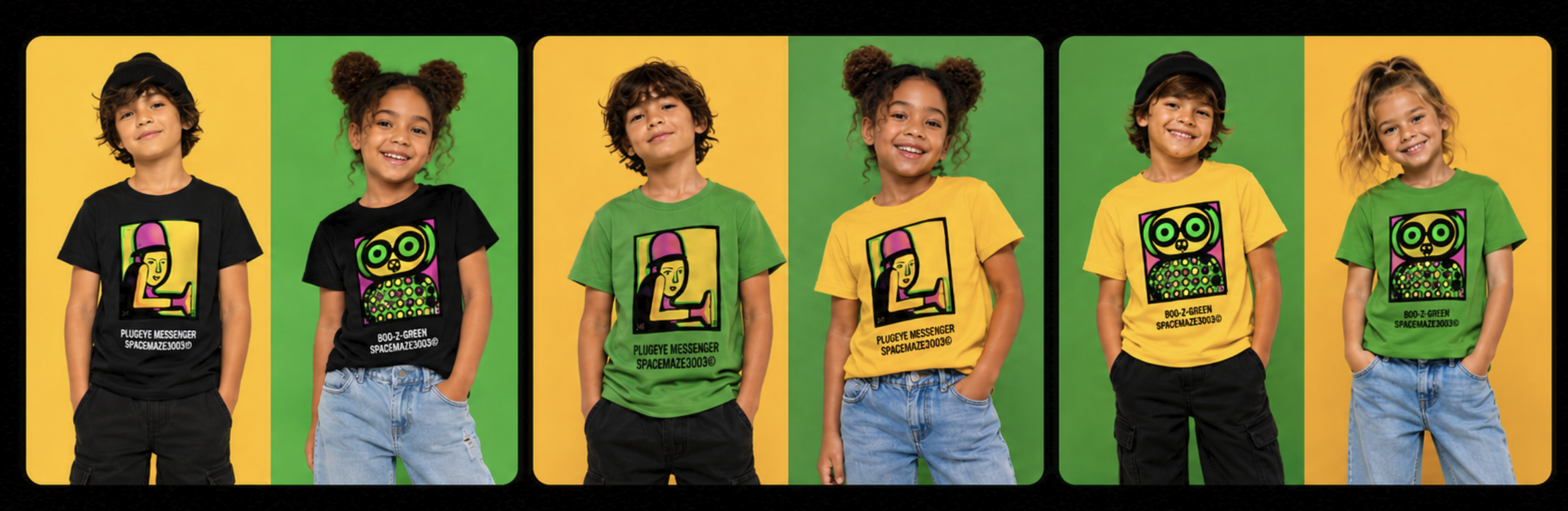 Spacemaze3003 kids — Plugeye Messenger and Boo-Z-Green tees in black, green and yellow