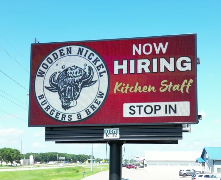 Wooden Nickel Burgers & Brew hiring ad on the DigiKor digital billboard