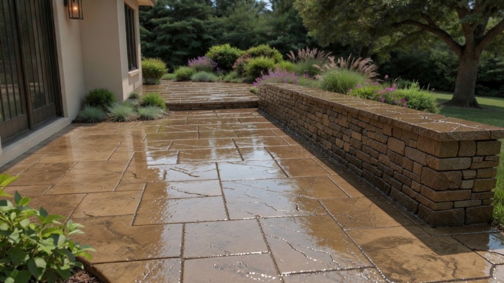 Brown stamped concrete patio with stone retaining wall and garden landscape