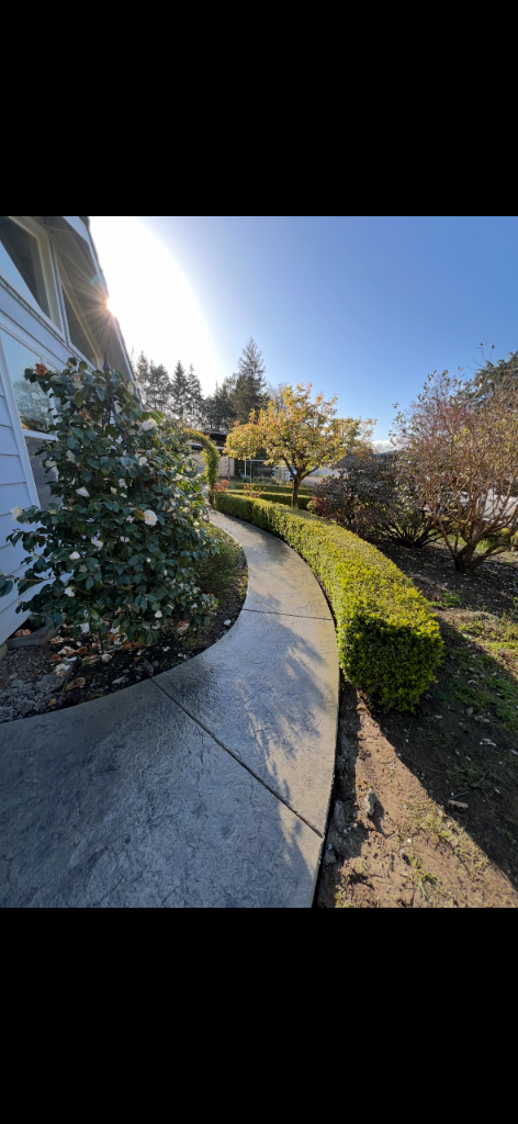 Curved stamped concrete pathway winding between a residential home and a manicured garden bed