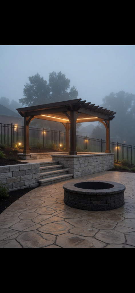 Completed backyard with a wooden pergola, stone retaining wall, stamped concrete patio and a circular fire pit