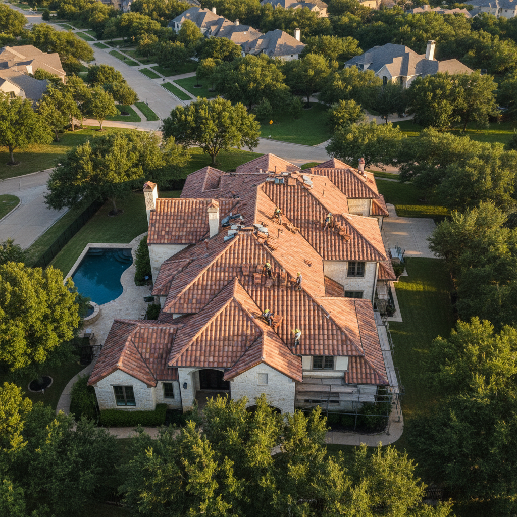 Roofing workers on a luxury home in Dallas-Fort Worth